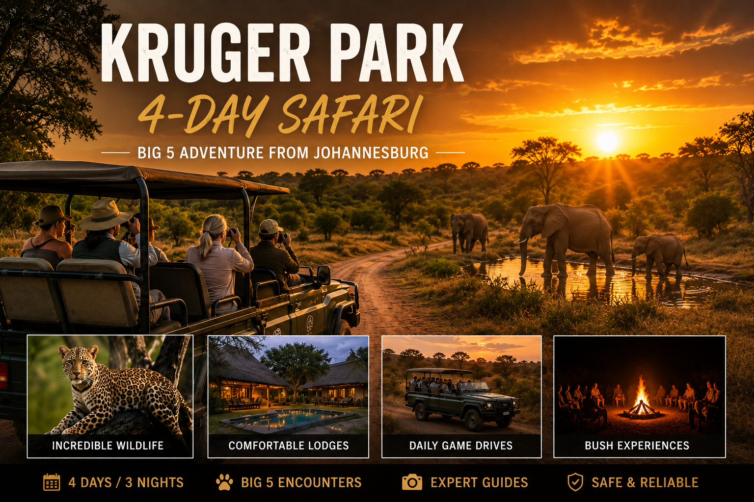 4 day Kruger Park safari from Johannesburg with Big Five wildlife game drives and safari lodge experience