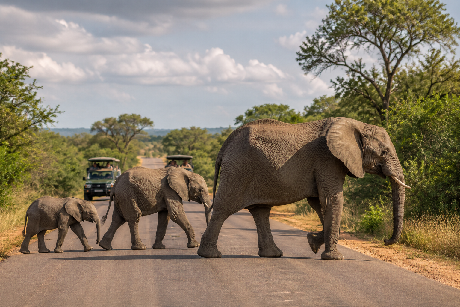Elephants crossing road in Kruger