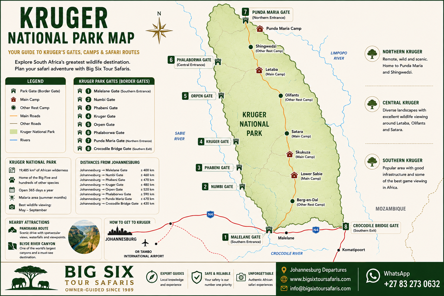 Map of Kruger National Park showing gates, camps and safari routes from Johannesburg