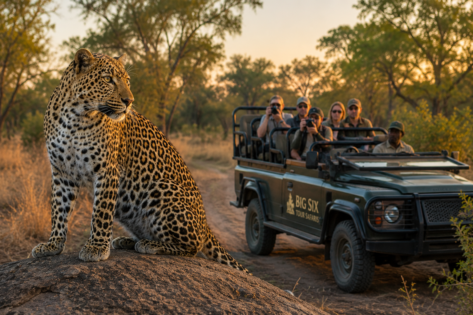 Open vehicle safari at elephant waterhole in Kruger National Park