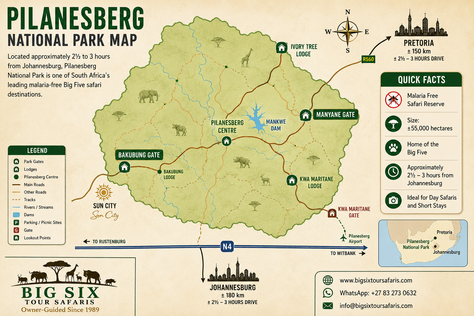 Pilanesberg National Park Map showing Bakubung Gate, Kwa Maritane Gate, Manyane Gate, Bakgatla Gate, Mankwe Dam and Pilanesberg Centre
